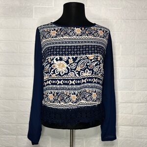 Paisley Print Lace Trim Blouse